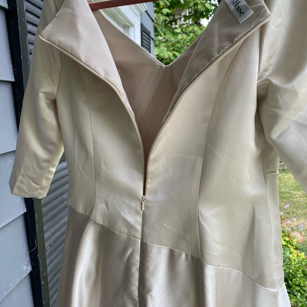 Mother of the Bride Tea Length V Neck Satin Dress - Picture 8 of 12